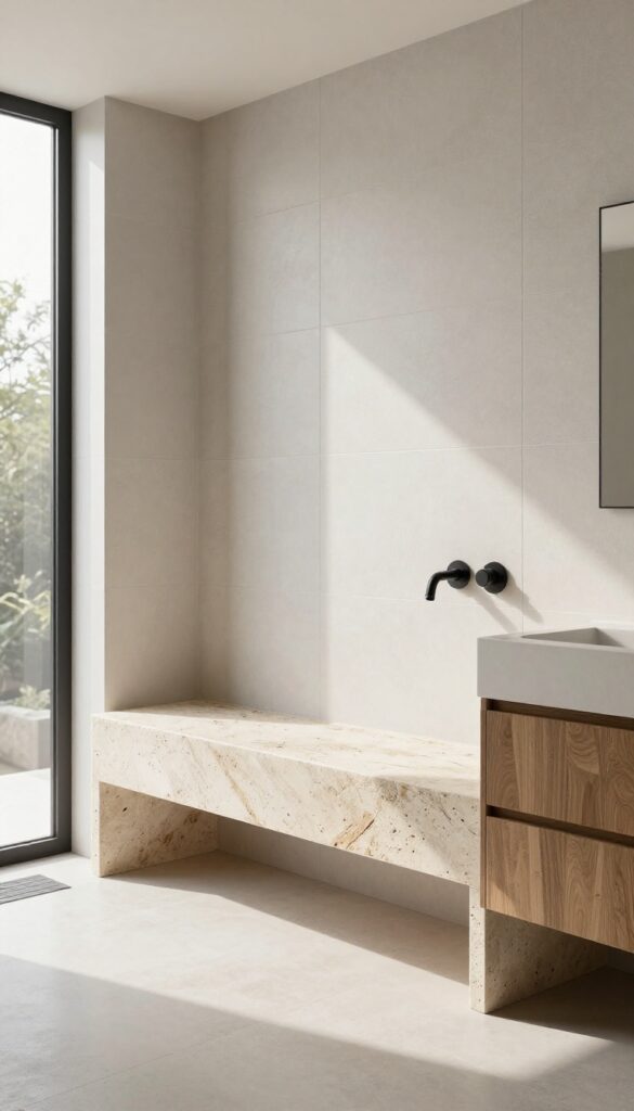 A built-in natural stone bench in an open shower, featuring textured slate with visible veining, set in a bright modern bathroom with matte black fixtures and wood accents, creating a luxurious and practical seating area for a spa-like experience.