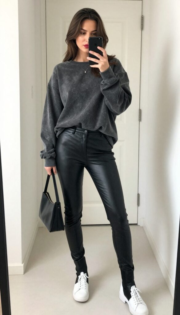 Woman in oversized graphic sweatshirt and faux leather leggings taking a mirror selfie, showcasing a casual edgy grunge-mom outfit.