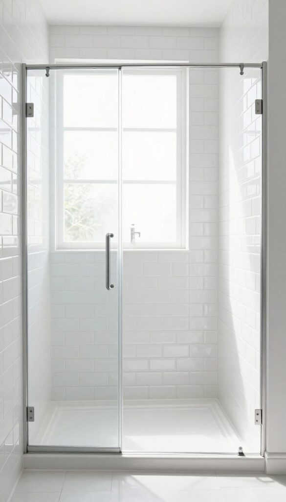 A bright walk-in shower with glossy white subway tiles reflecting light to enhance brightness and space.