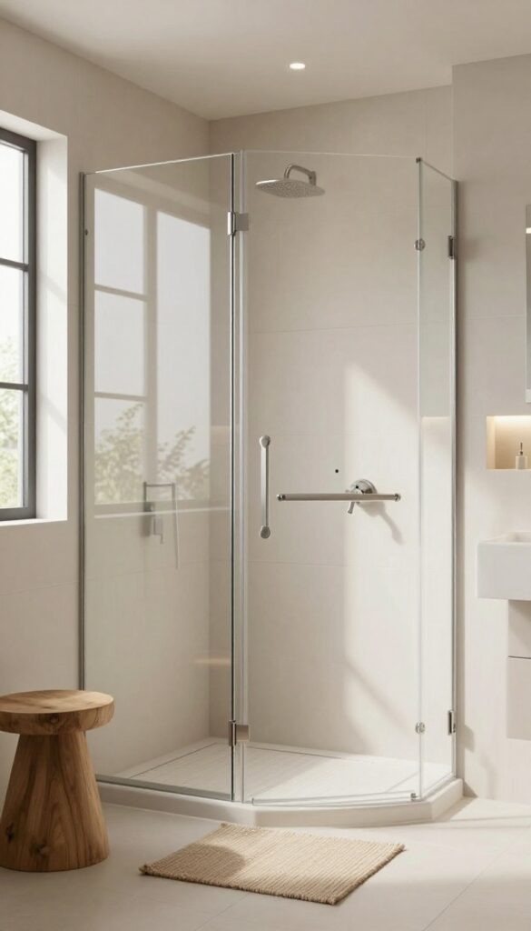 A sleek frameless glass shower door in a bright, airy bathroom with neutral tiles and warm lighting, enhancing the sense of space and modern luxury