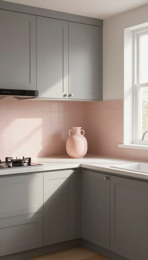 Warm gray kitchen cabinets with blush pink accents, including a vase and backsplash tile, in natural light.