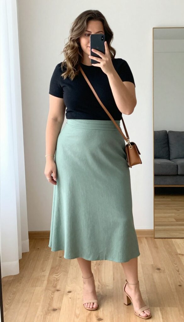 Plus-size woman in fitted black top and sage green pleated midi skirt, posing in mirror selfie with nude sandals and tan crossbody bag, bright natural light.