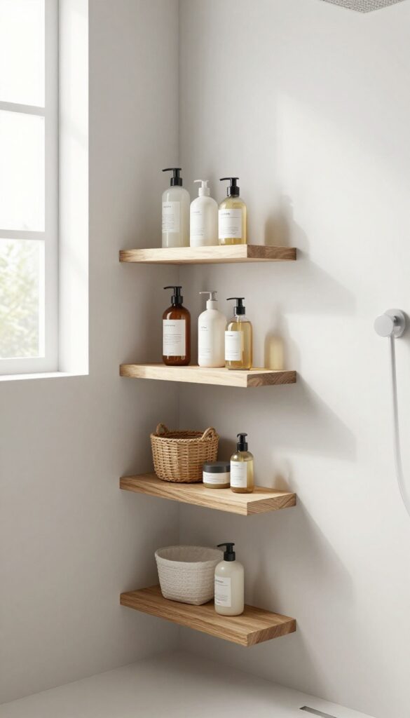 Modern bathroom shower with built-in floating shelves as a threshold, holding bath products in natural light.