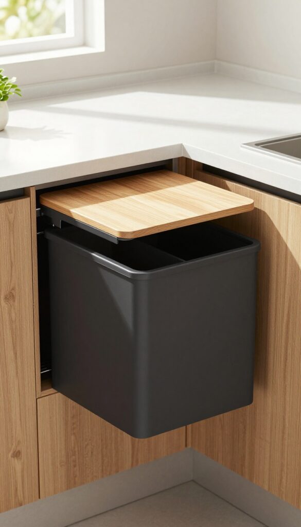 A modern kitchen with a dual-compartment trash and recycling bin under the sink, featuring a matte black finish and wooden lid, illuminated by natural light.