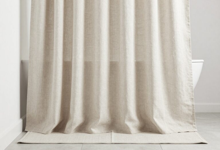 Stylish small bathroom with a linen shower curtain, showcasing texture and light in a modern, clutter-free space.