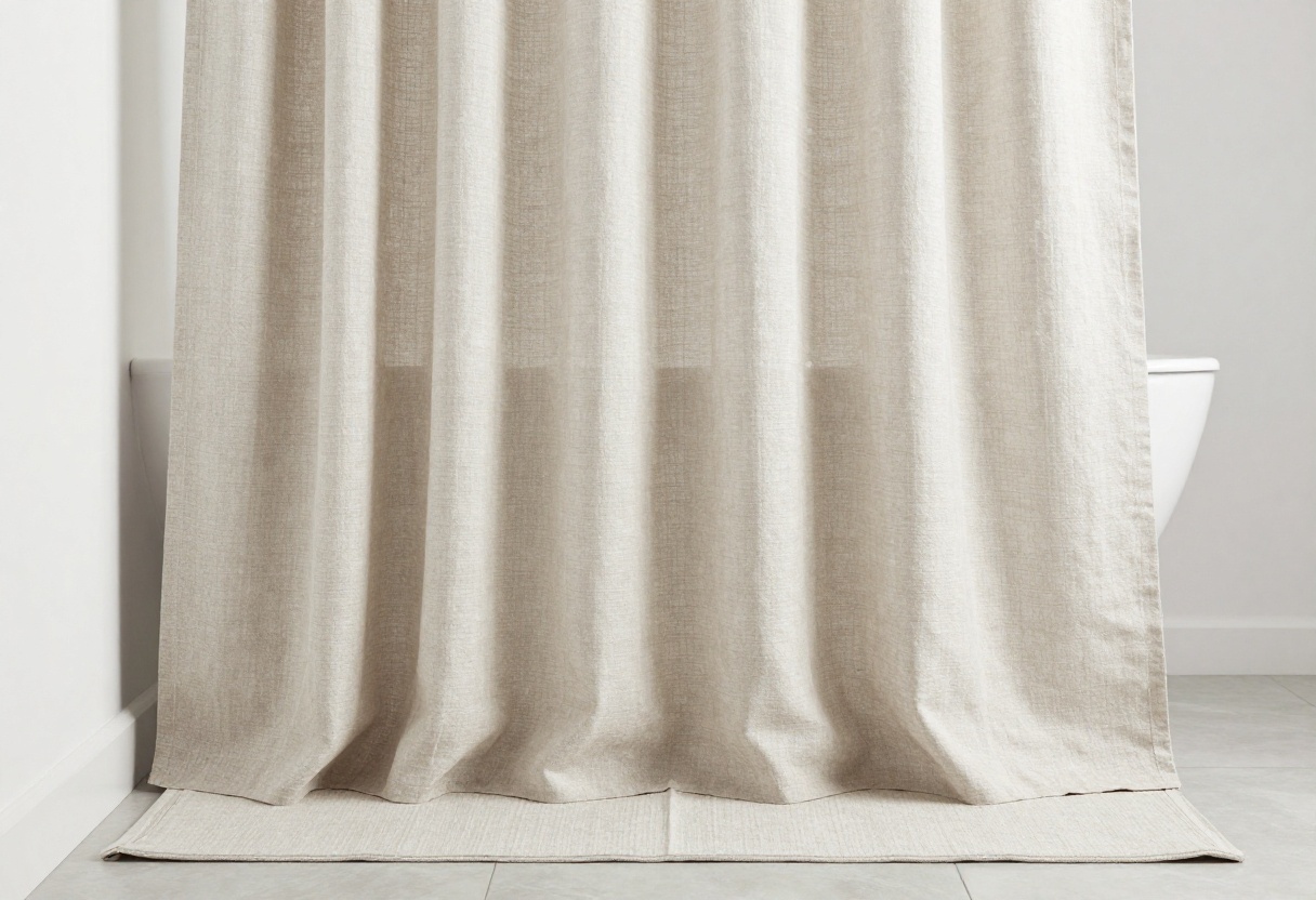 Stylish small bathroom with a linen shower curtain, showcasing texture and light in a modern, clutter-free space.