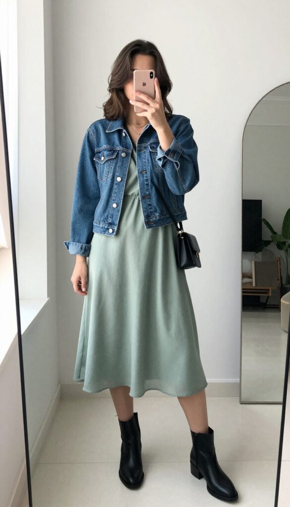 Woman in flowy midi dress and blue denim jacket taking a mirror selfie, showcasing a casual chic dinner outfit.