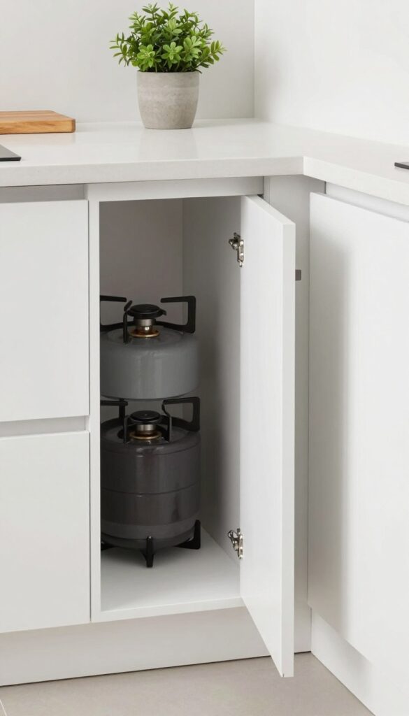 Modern kitchen with gas cylinder enclosure featuring butcher block countertop, plant, and cutting board.