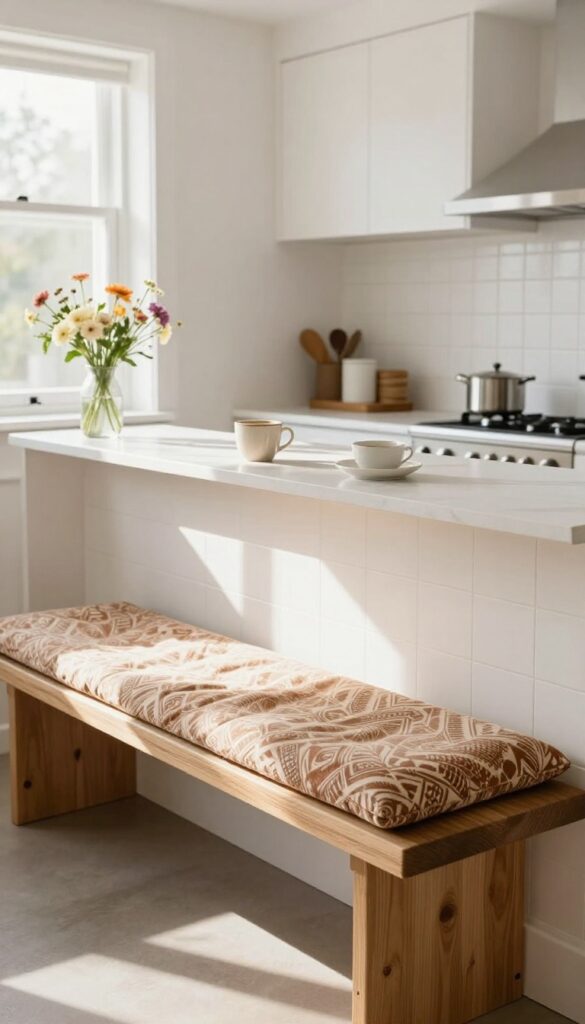 Cozy kitchen breakfast bar with a wooden bench and a soft patterned cushion, natural light, ceramic coffee cup and flowers.
