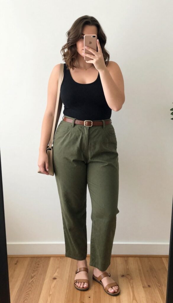 Plus-size woman in high-waisted wide-leg olive pants and fitted black tank top, taking a mirror selfie in a bright room.