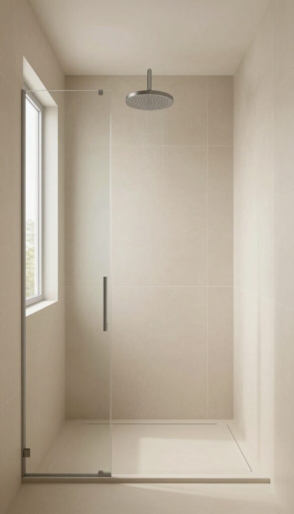 Seamless large-format tiles in a bright modern shower with minimal grout lines