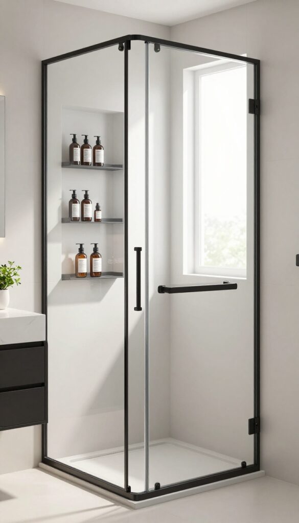 A glass shower door with built-in shelves holding toiletries in a bright, modern bathroom, illustrating practical storage without clutter.