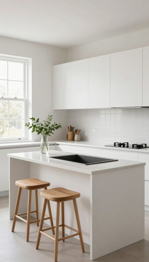 Modern kitchen with pull-out wooden counter extension and two bar stools