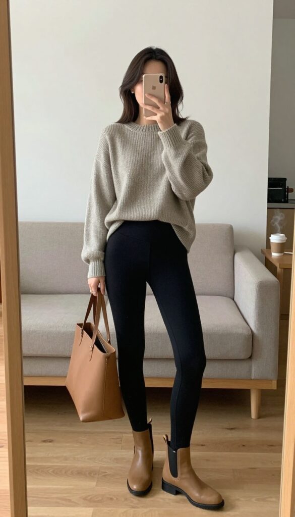 A mom wearing black leggings, an oversized oatmeal knit sweater, and tan ankle boots, holding a cognac tote bag, standing outside a coffee shop on a cool day.
