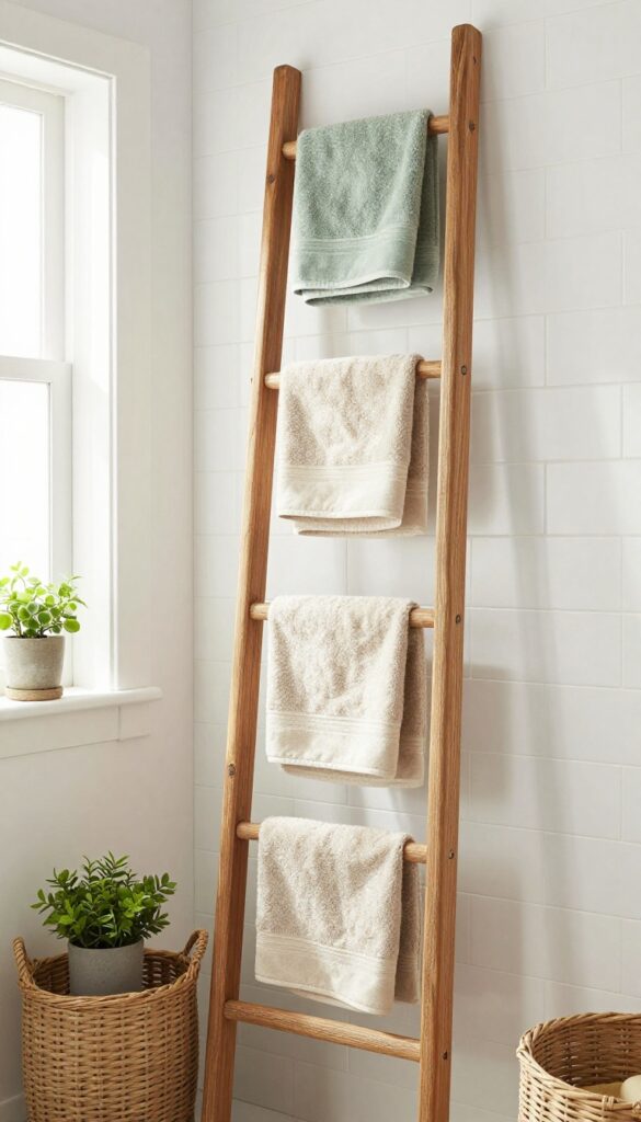 Wooden ladder towel rack in a bright bathroom with towels and decor