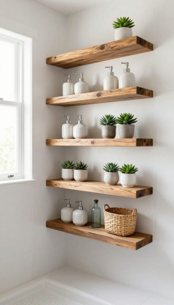 Floating wood shelves in a farmhouse bathroom shower with ceramic dispensers, plants, and vintage bottles for organized storage and decorative display.