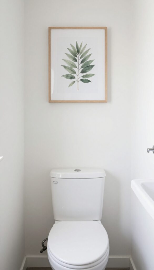 A minimal college bathroom with a small framed botanical illustration on the wall above the toilet in bright natural light.