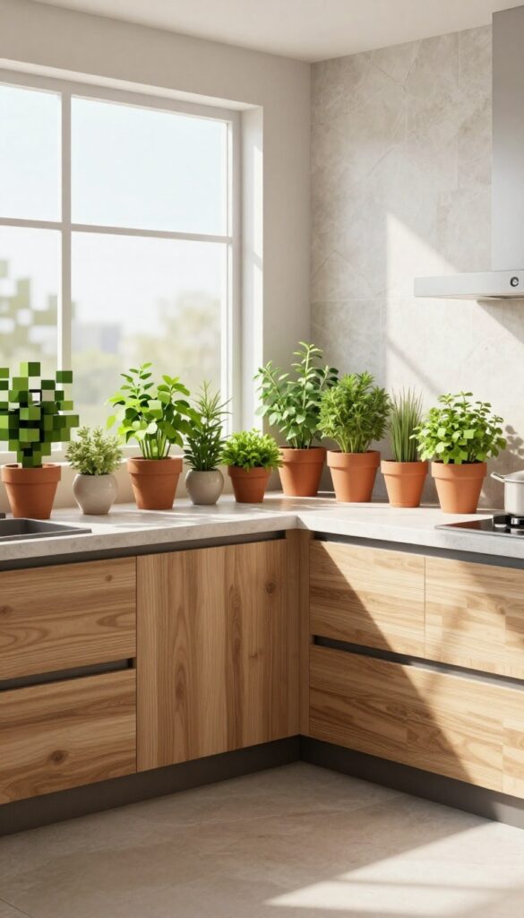 Modern Minecraft kitchen with potted herbs on a sunlit windowsill