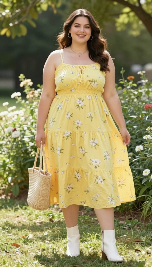 A curvy woman wearing a bright yellow floral sundress and white ankle boots, styled for a summer outfit idea in a sunny park setting.