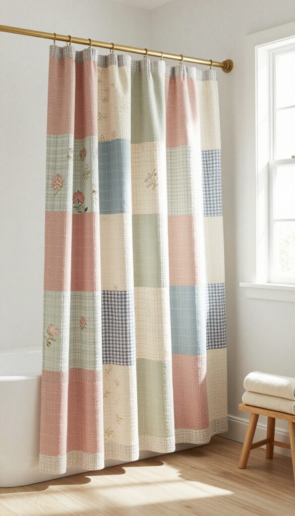 A patchwork quilt style shower curtain in a bright bathroom with neutral walls and natural light