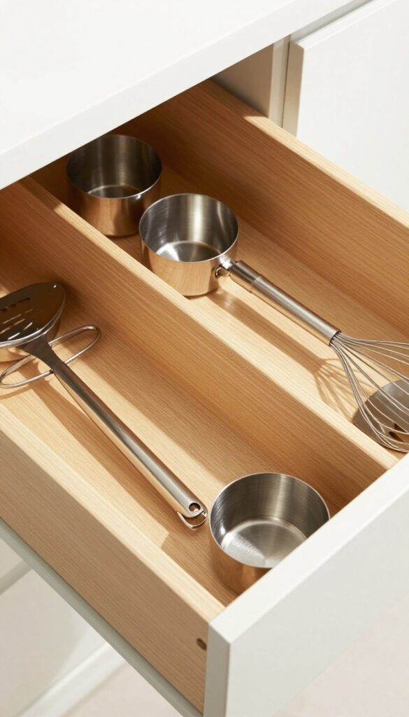 Organized kitchen drawer with wooden dividers separating gadgets like a measuring cup, peeler, whisk, and spatula in natural light.