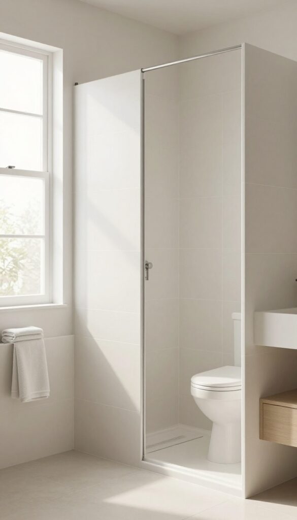 A modern bathroom with a half wall divider defining space between the toilet and shower area in bright natural light.