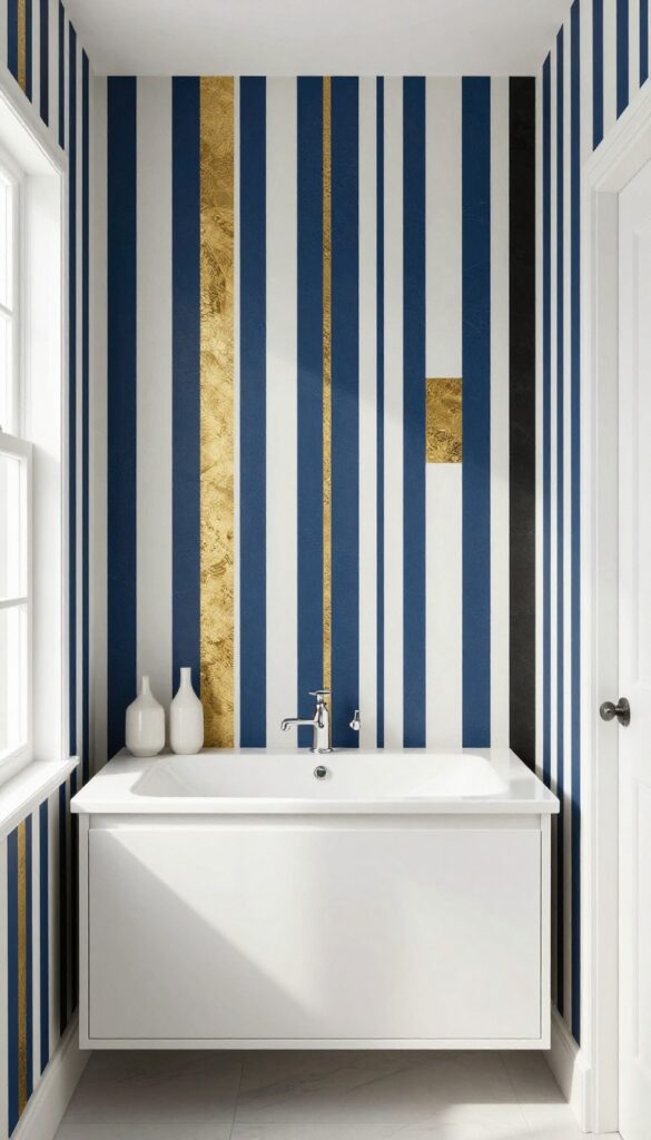 A small guest bathroom with bold geometric wallpaper on the main wall, featuring a floating vanity and natural light for a stylish design statement.