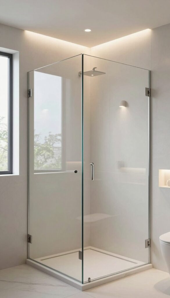 A modern corner glass shower with layered lighting including recessed ceiling lights, wall sconces, and waterproof LED strips in a bright, minimalist bathroom.