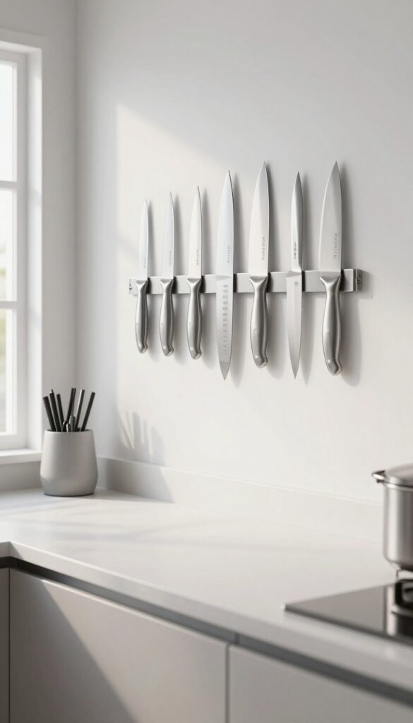 Magnetic knife strip mounted on wall above breakfast bar in bright eat-in kitchen