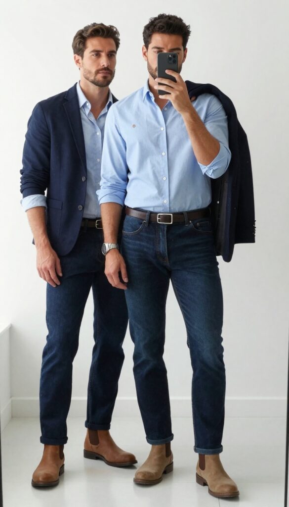 Man in light blue button-down shirt and dark wash slim-fit jeans with tan Chelsea boots, taking a mirror selfie in a bright office setting.
