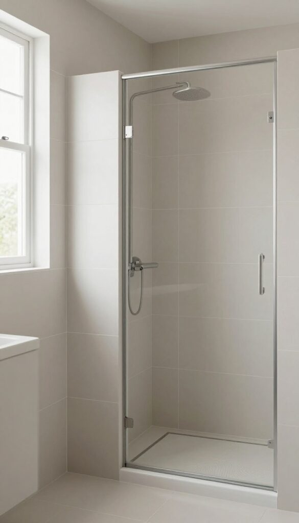 A photorealistic image of a bathroom with a tile partition wall dividing wet and dry zones, using large-format tiles in natural light for a seamless, durable design.