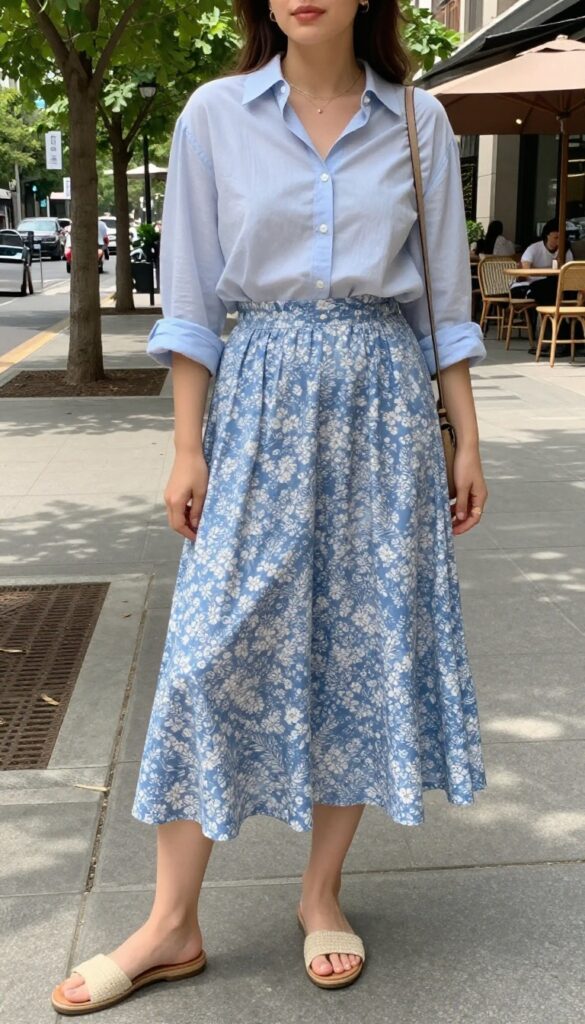 A woman wearing a button-up shirt and midi skirt outfit for a cozy summer day, styled with flat sandals, a crossbody bag, and minimal accessories in a bright outdoor setting.
