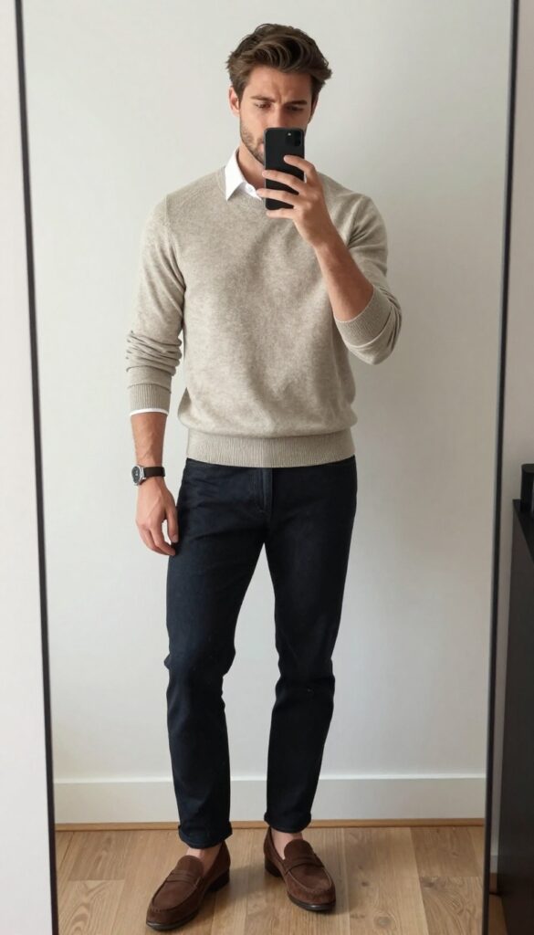Man in oatmeal knit sweater over white collared shirt with dark tailored pants and brown loafers, taking a mirror selfie in a bright room.