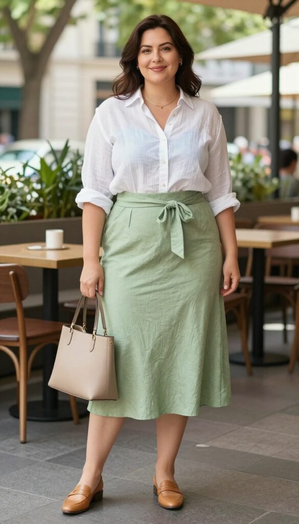 A woman wearing a button-down shirt tied at the waist with a midi skirt, styled for a summer outfit idea, showcasing polished yet casual fashion suitable for a fashion blog.