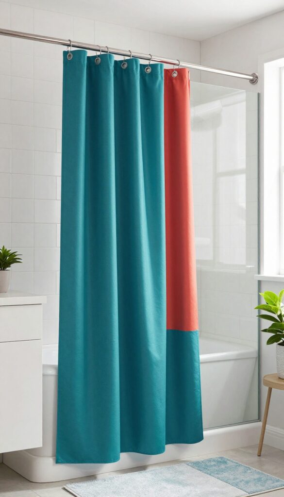 A bright, modern bathroom with a bold color-blocked shower curtain in vibrant sections against neutral tiles, featuring clean lines and natural light for an inspiring home decor look.