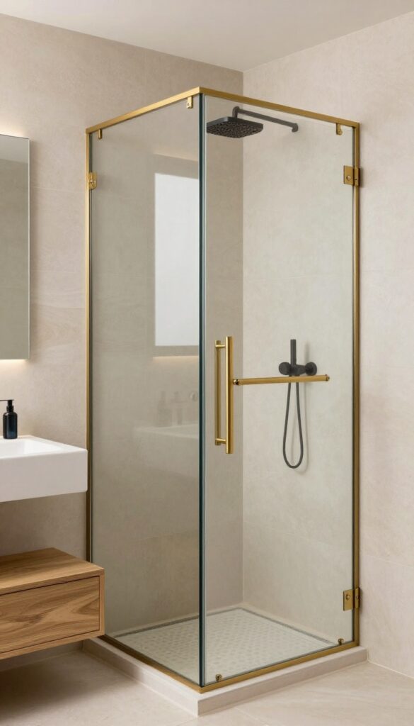 A stylish no-glass shower with metallic fixtures in brushed brass or matte black, set against wood or stone textures under natural light, showcasing a modern and polished bathroom design.