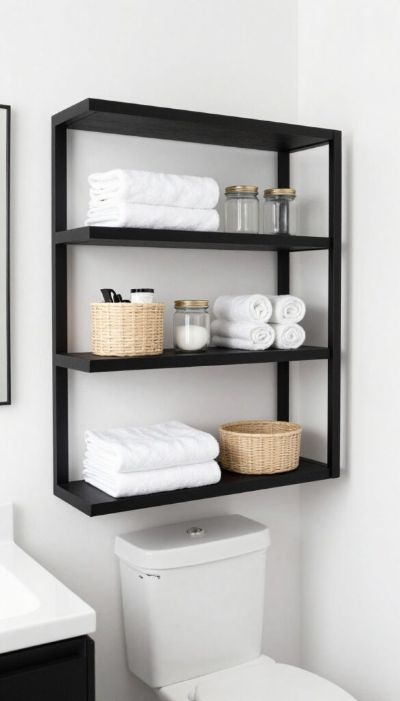 A photorealistic bathroom interior with black open shelving displaying white towels, woven baskets, and glass jars against white walls, showcasing stylish storage in a black-and-white decor theme.