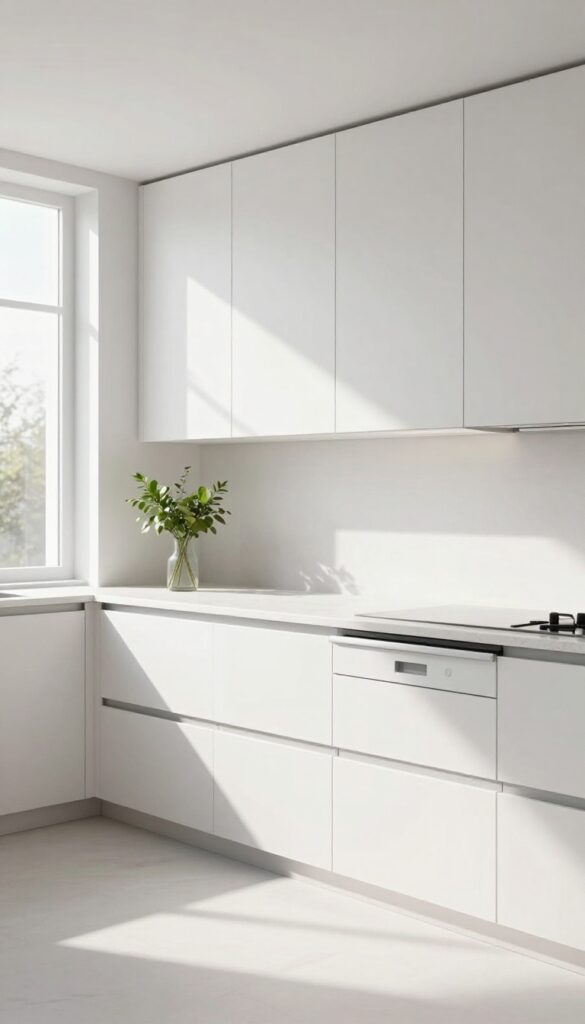 Modern minimalist kitchen with integrated appliances blending into white cabinetry