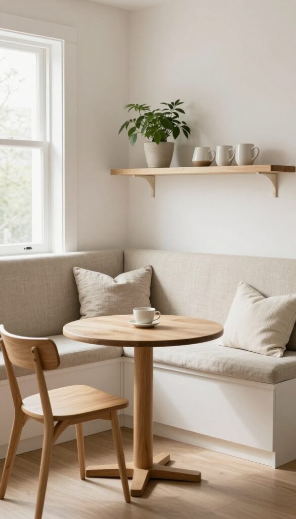 A cozy kitchen nook with an upholstered banquette, small round table, and soft natural light.