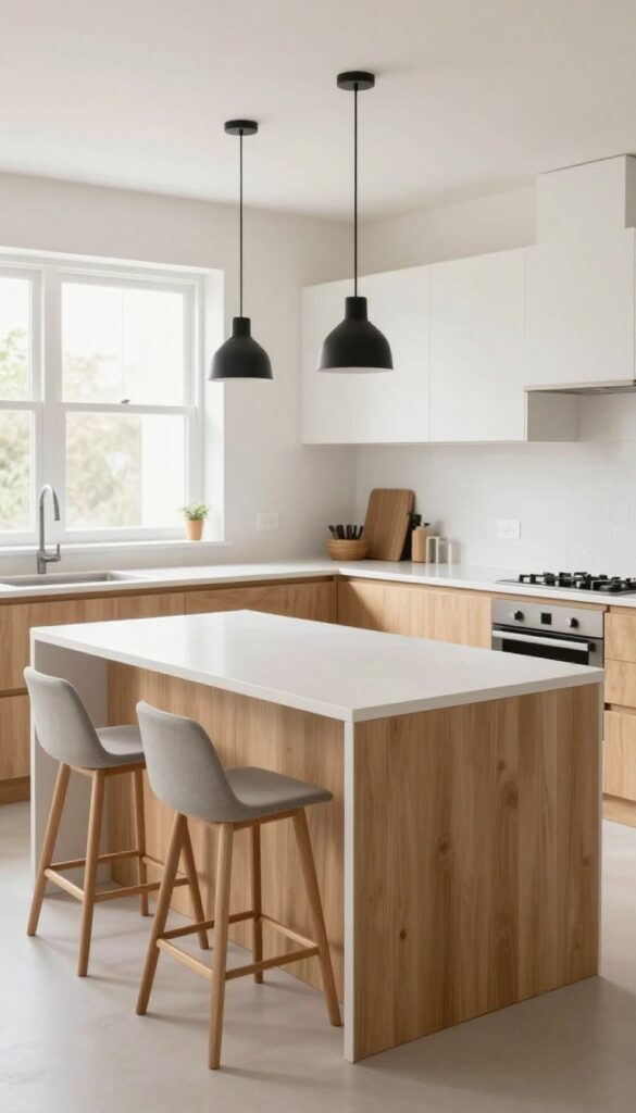L-shaped kitchen island with corner seating, two stools tucked into the crook, pendant light above, bright natural light