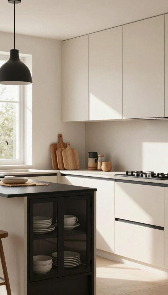 Creamy beige kitchen with matte black accents, black-framed glass cabinets, and natural wood details in bright natural light.