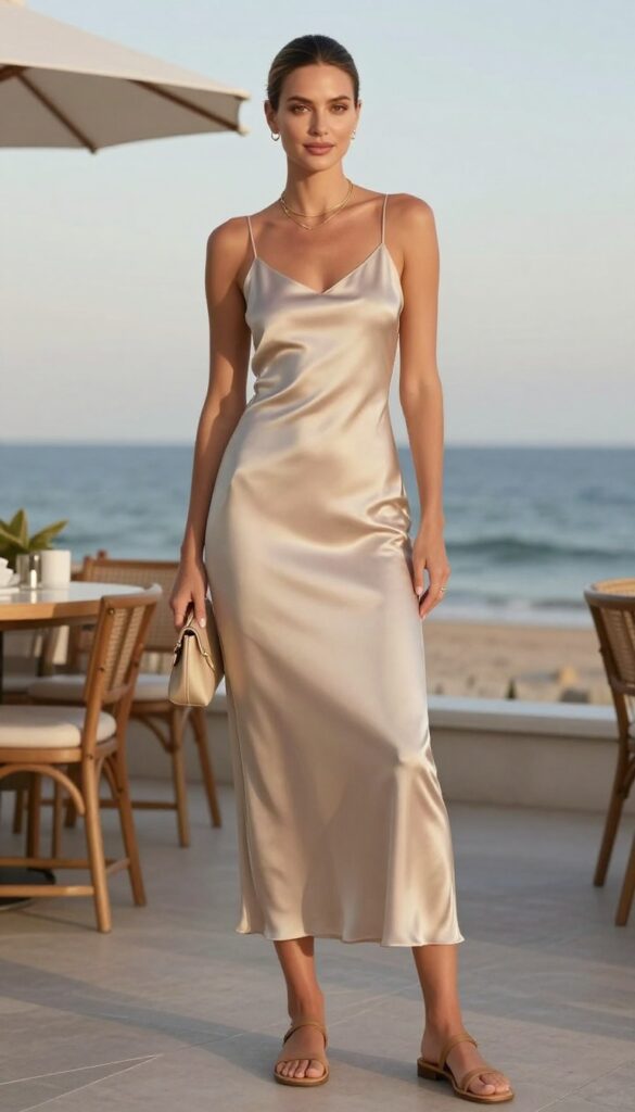 A woman wearing a neutral satin slip dress with flat sandals and gold necklaces for a beach night out, styled elegantly yet casually in a sunset coastal setting.