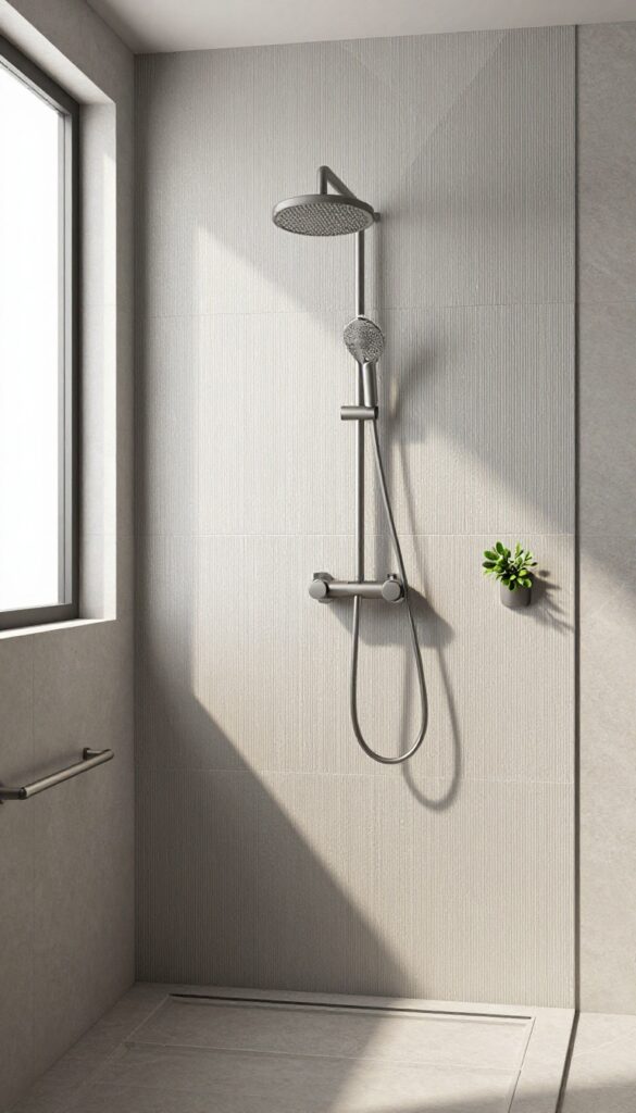 Modern shower room with textured tiles on an accent wall, showcasing visual interest through light and shadow in a minimalist design.