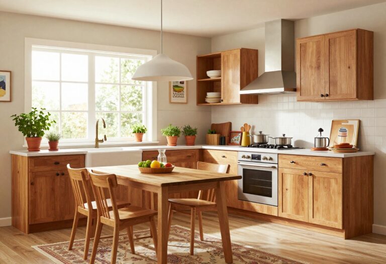 Cozy Sims kitchen with warm wood tones, rug, pendant lights, plants, and open shelving