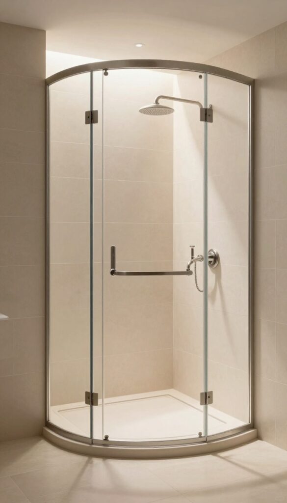 A modern bathroom featuring a curbless shower with heated floors, emphasizing warmth and sleek design in natural light.