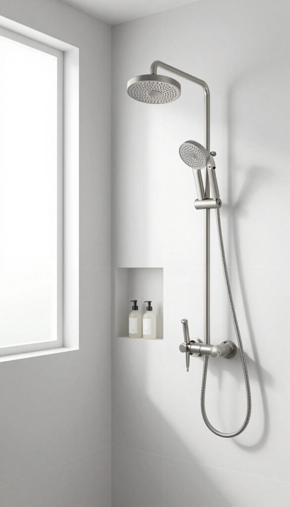 Luxurious modern shower with dual rainfall showerheads and separate temperature controls