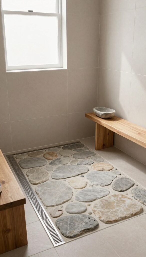 River rock shower floor with linear drain in a small bathroom