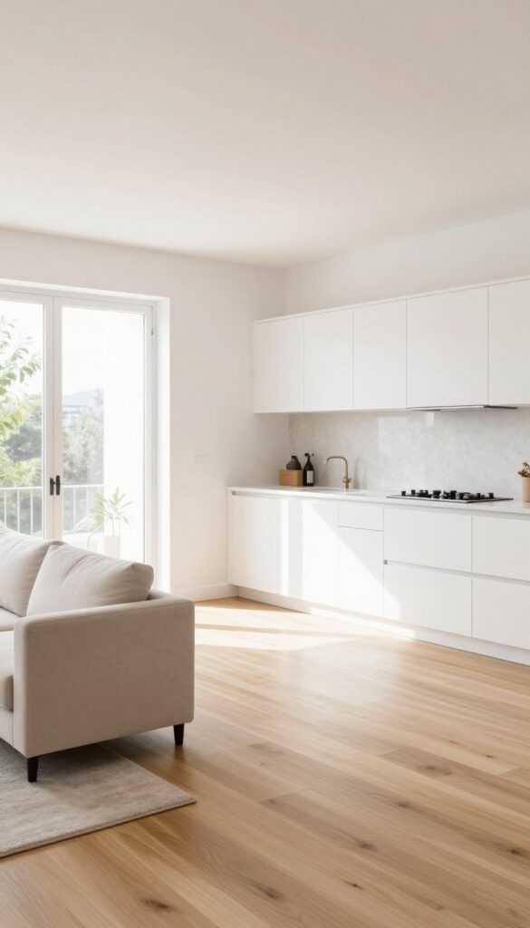 Seamless light oak flooring connecting a modern single-wall kitchen to an open living area