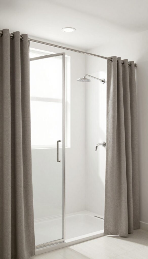 An extra-long curved stainless steel shower rod installed in a large bathroom with natural light and a heavyweight curtain, showcasing space and modern design without text.