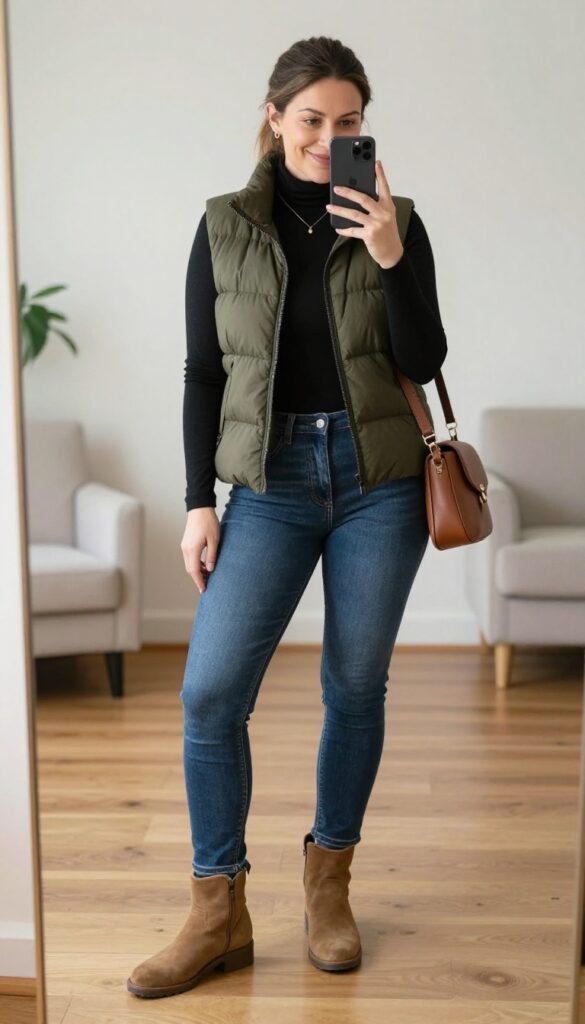 A curvy woman takes a mirror selfie wearing a black turtleneck, olive puffer vest, skinny jeans, and tan ankle boots, with a crossbody bag and gold necklace.
